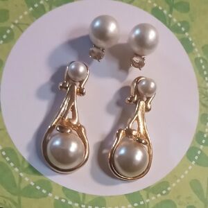 Vintage Gold and White Drop Earrings with Pearl Accents